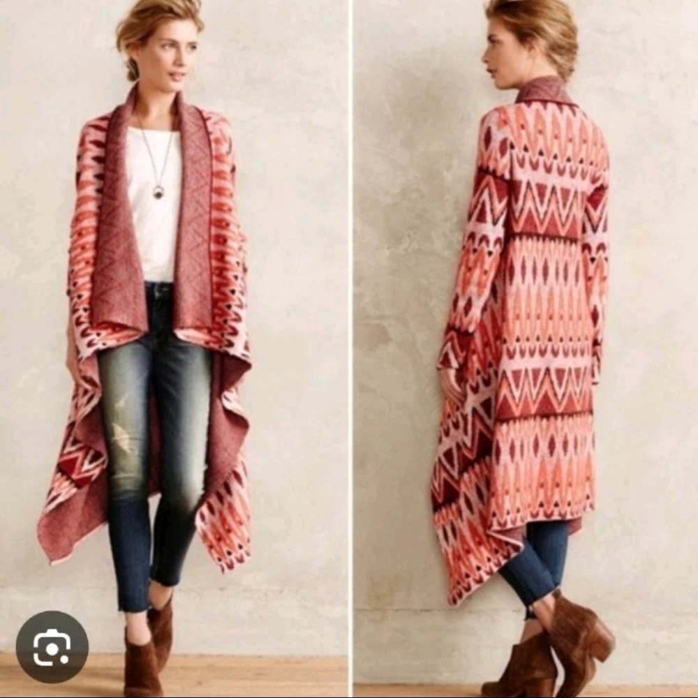 Anthropologie Sleeping On Snow Red Wool Long Open Waterfall Boho Cardigan S